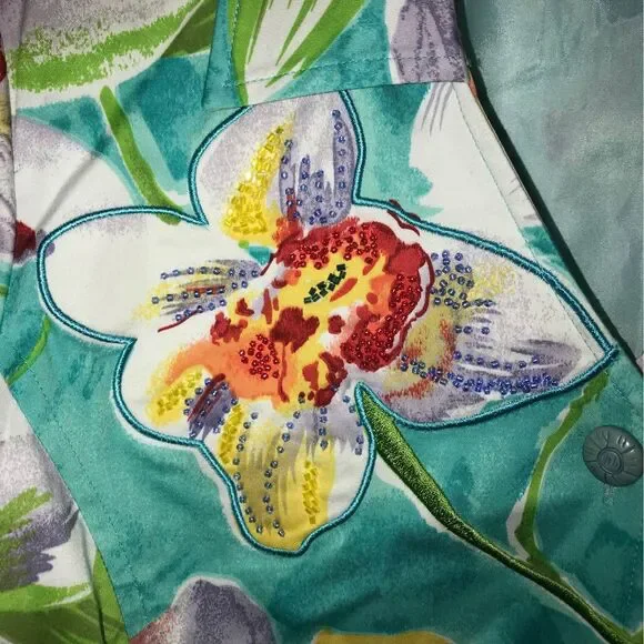 Vintage Christina Hope Tropical Beaded Floral Crop Sleeve Blazer Jacket  Large - Picture 2 of 7